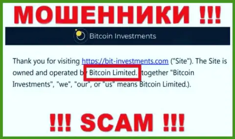 Юридическое лицо Bitcoin Investments - это Bitcoin Limited, именно такую инфу разместили мошенники на своем веб-ресурсе
