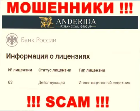 Anderida уверяют, что имеют лицензию от Центрального Банка Российской Федерации (инфа с сайта мошенников)