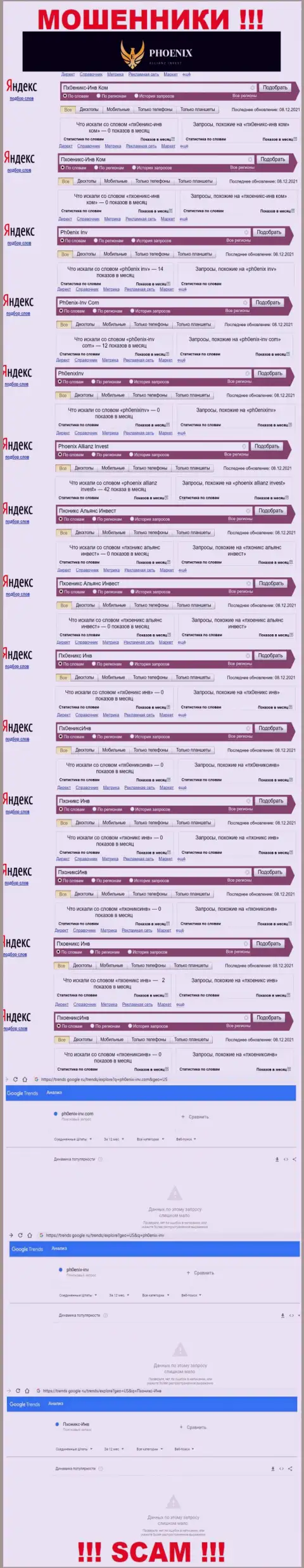 Скрин статистических данных поисковых запросов по мошеннической конторе Пхоеникс Инв