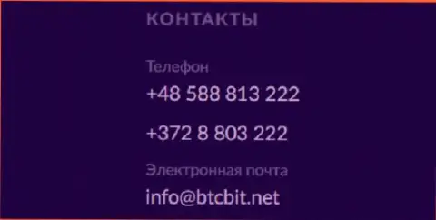 Телефон и адрес электронной почты криптовалютного онлайн-обменника BTCBit Net
