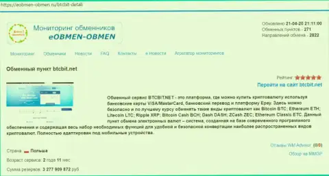 Информация о обменном пункте БТЦБИТ на web-сайте Еобмен Обмен Ру